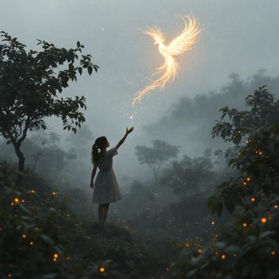 The primary subject of the image is a woman standing in a forest, reaching up to catch a sparkling, glowing bird. The setting is a lush, green forest with trees surrounding the woman. The visual style is a combination of photo and digital art, creating a surreal and magical atmosphere. The colors are predominantly green, with the glowing bird adding a touch of warmth and vibrancy to the scene. The overall mood is one of wonder and enchantment.